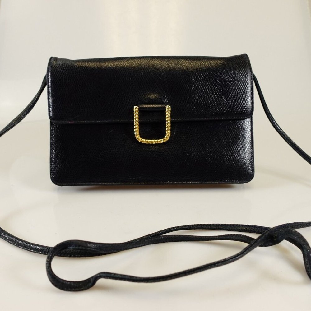 GIVENCHY Lizard Crossbody Bag Womens Black Navy Small Leather Purse VINTAGE Rare